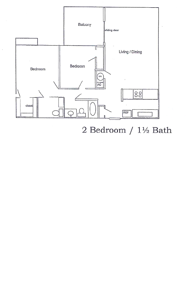 Floor plan for 2 beds, 1.5 baths, 737 sqft